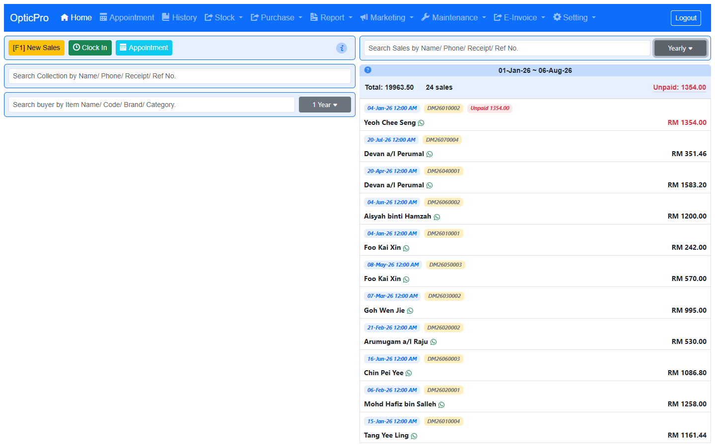 The OpticPro home screen: New Sales, Clock In and Appointment buttons, search boxes for collections, buyers and sales, and the year's transactions listed with totals and unpaid amounts.