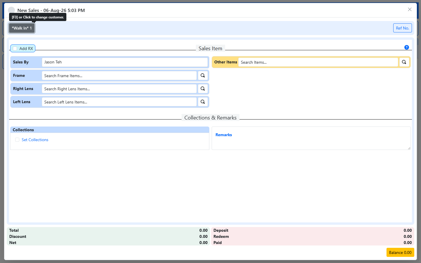 A blank New Sales dialog: walk-in customer chip, an Add RX checkbox, Sales By staff field, and separate search boxes for Frame, Right Lens, Left Lens and Other Items, with the totals all at zero.