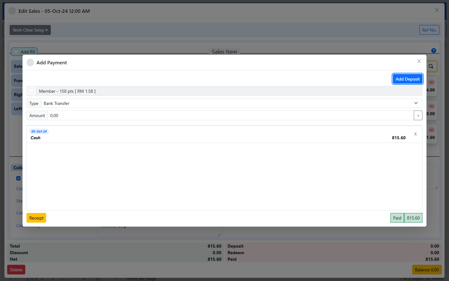 The Add Payment dialog: a member with 158 points worth RM 1.58, a payment type selector set to Bank Transfer, an amount field, a recorded cash payment of 815.60 dated 05-Oct-24, a Receipt button and a paid total of 815.60.